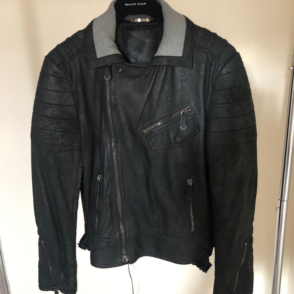 Philipp Plein Mens Black Leather Biker Jacket
